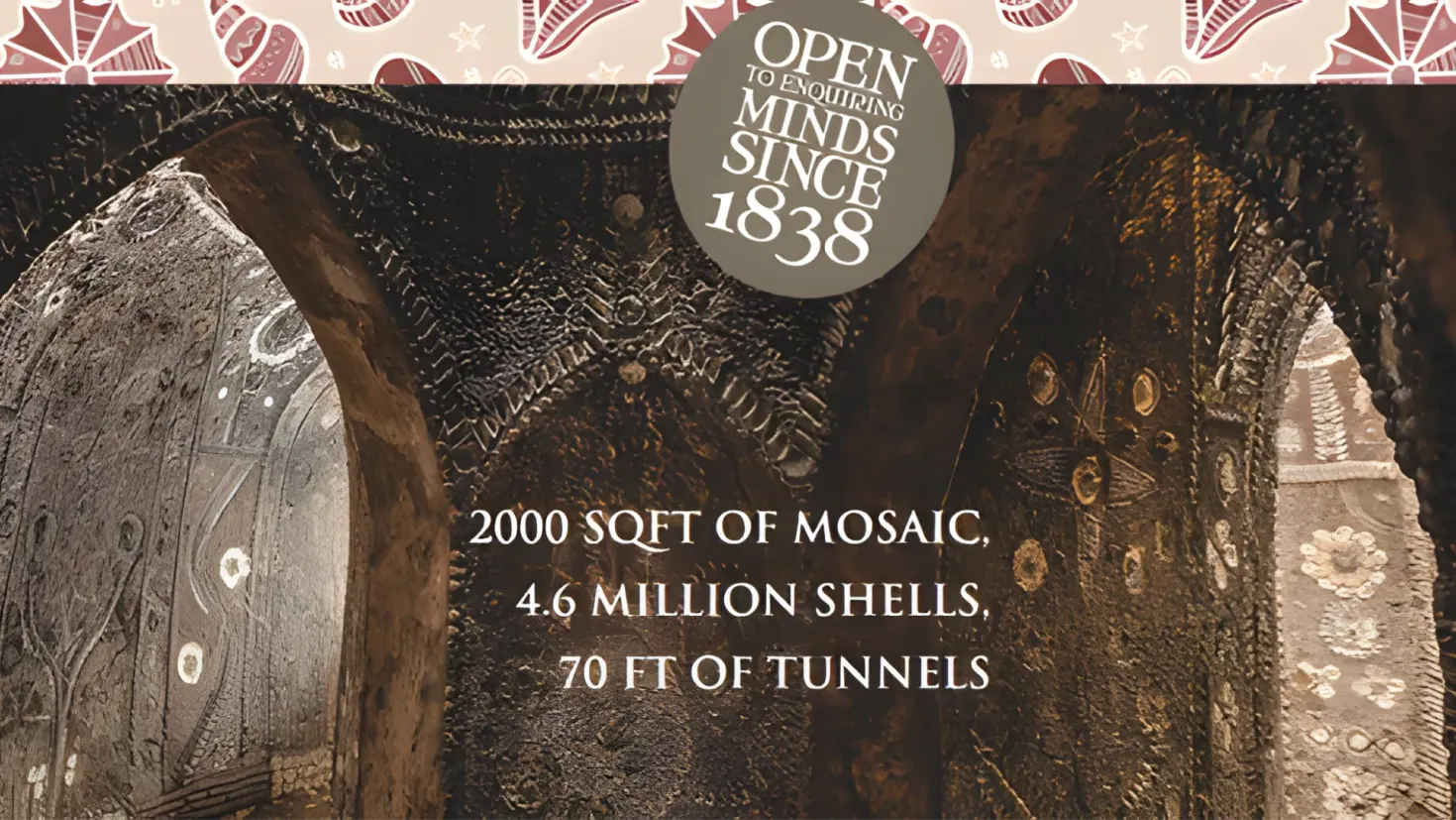 A poster with text that reads "2000 Soft of Mosaic, 4.6 Million Shells, 70 ft of Tunnels" and an image of a wall with intricate designs. The wall is made up of a variety of shapes and colors, including circles, squares, and triangles, and is decorated with a pattern of geometric shapes and lines. The text is written in a bold font and is surrounded by a decorative border.