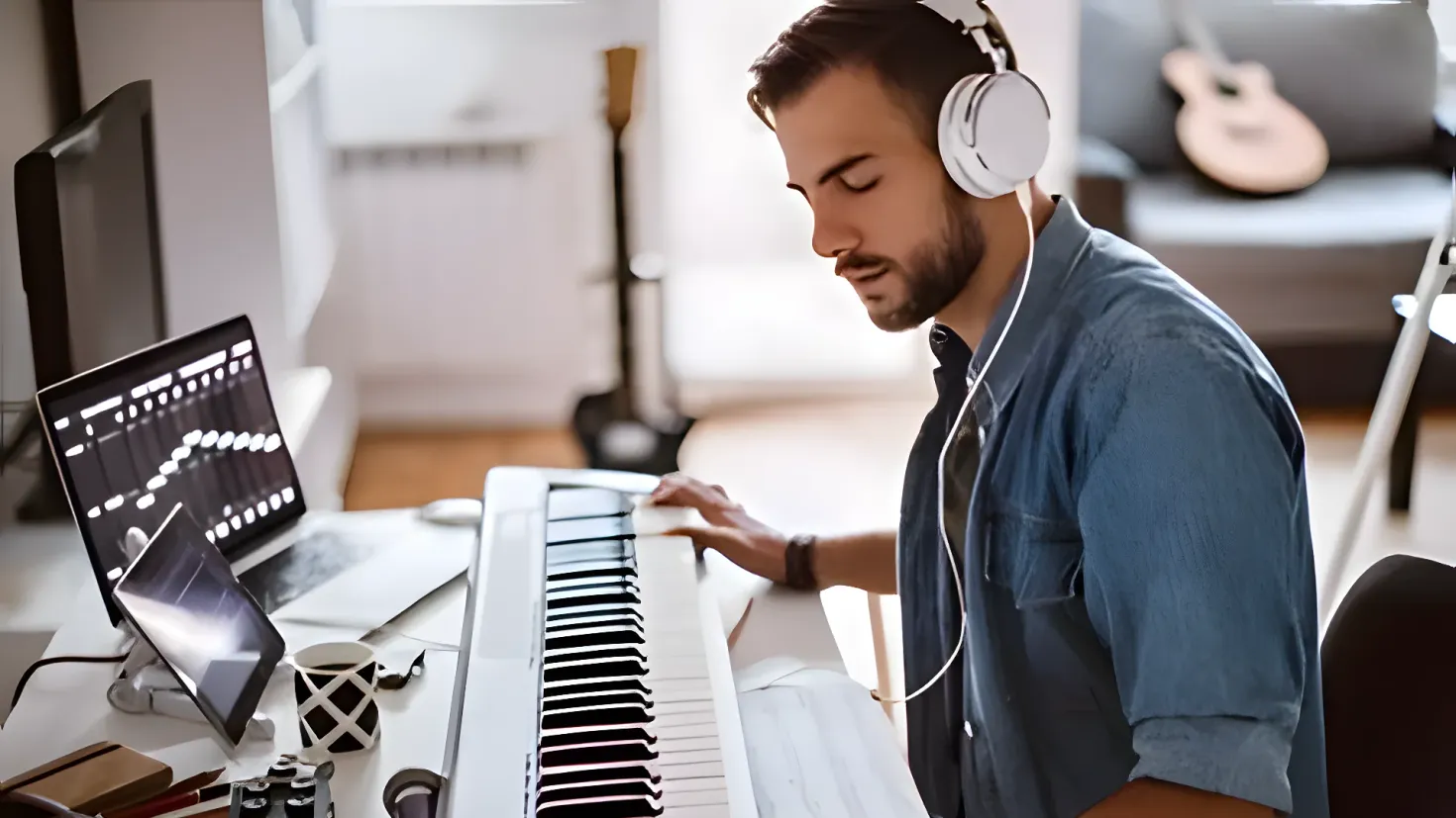 A man sitting at a desk with a keyboard in front of him. He is wearing a blue shirt and headphones, and there is a monitor, keyboard, mouse, cup, and other objects on the desk. In the background, there are guitars and a chair.