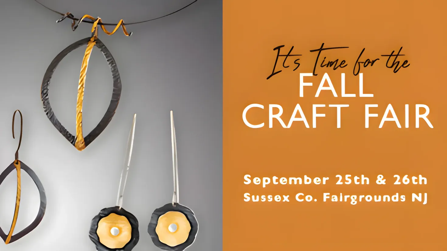 A poster with the words "It's Time for the Fall Craft Fair" written on the right side. On the left side of the poster, there are several earrings hanging from a thread, and in the background there is a wall.