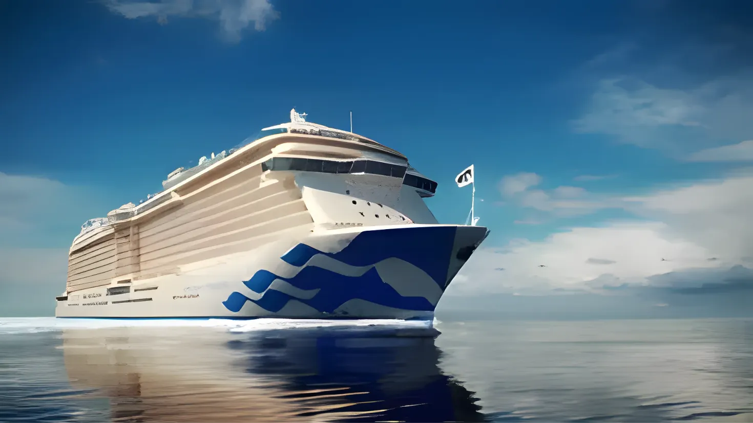 A large white and blue cruise ship floating in the ocean, with a flag flying from the mast. The sky in the background is filled with clouds.