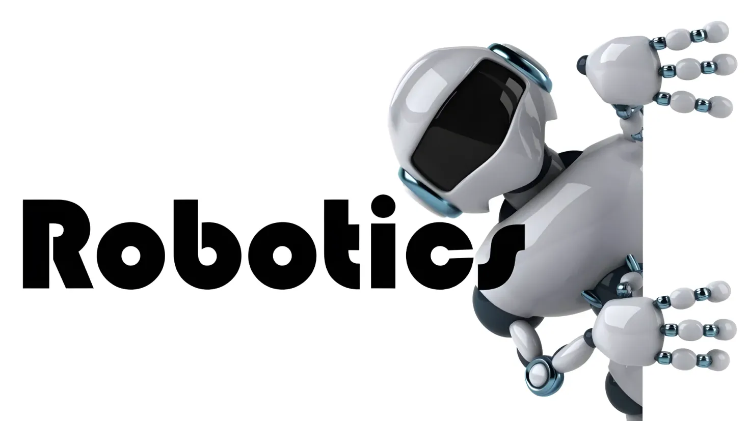 A white robot holding a sign that reads "Robotics" against a white background. The robot appears to be animated, with its arms outstretched and its head tilted slightly to the side. The sign is written in bold black font, and the background is a bright white.