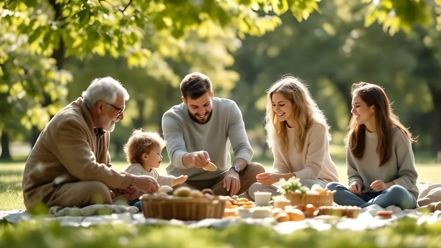 A family of four sitting on a blanket in the grass, enjoying a picnic together. There are baskets of food items, a cup, and other items scattered around them, and in the background there are trees.