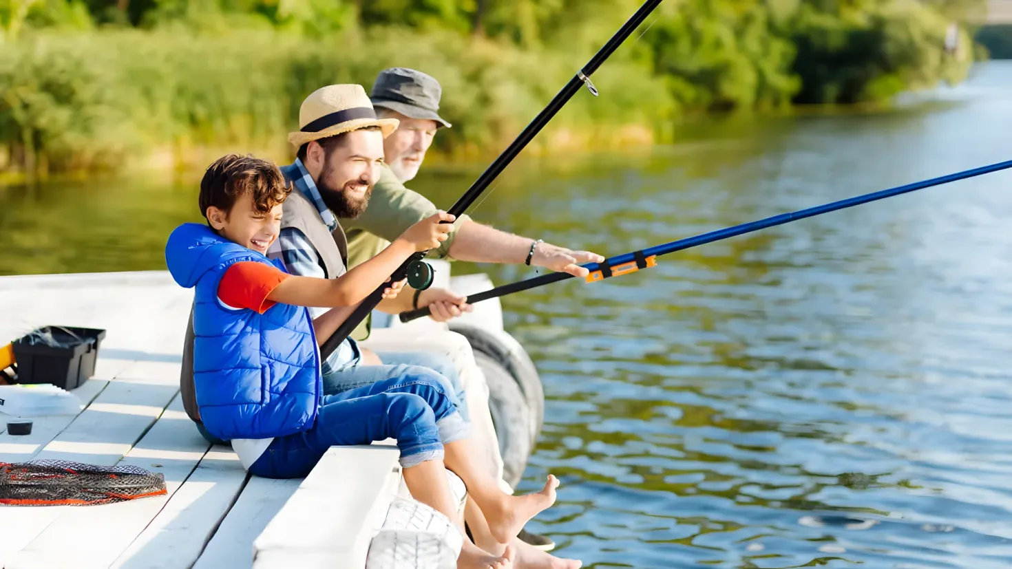 A father and son fishing on a boat in the water. The father is wearing a blue jacket and blue pants, while the son is holding a fishing rod in his hands. The boat is white and there is a black box and other objects on the deck. In the background, there are trees and a clear blue sky.