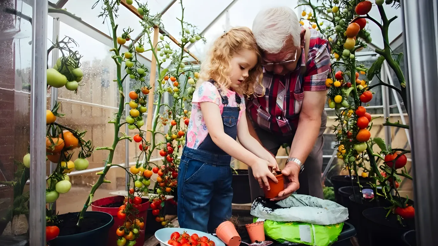 A man and a little girl standing in front of a greenhouse filled with tomatoes. The man is wearing a red and black checkered shirt and blue pants, while the little girl is holding an orange object in her hand. On the table in the foreground of the image, there is a bowl of tomatoes, a green cover, and other objects. In the background, there are several tomato plants in pots, a wall, and a clear blue sky.